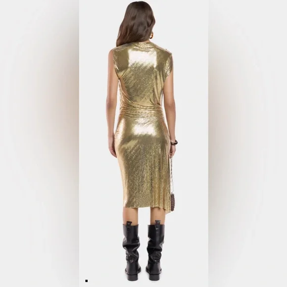 RABANNE Gold Chainmail Drapé Pression Dress, size 38 - Picture 3 of 12